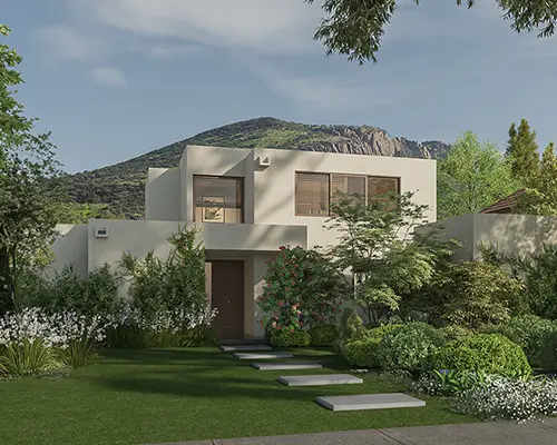 Referencia de jardín residencial con pasto y sendero de acceso